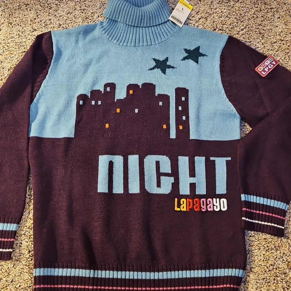 LAPAGAYO Knit Sweater with Cityscape Design that Says NIGHT - L NWT